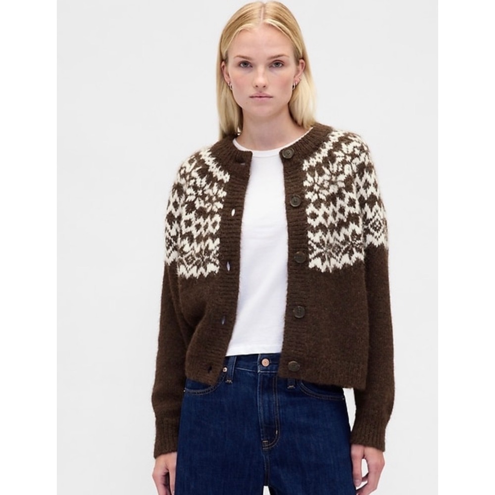 Gap Fair Isle Cardigan Sweater Womens Small Brown Wool Alpaca Blend Button Front